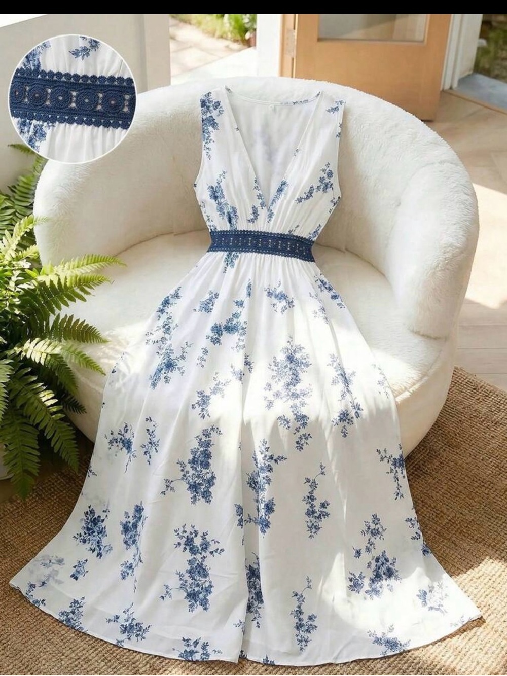 Women’s White Maxi Dress with Blue Floral Print and Smocked Waist